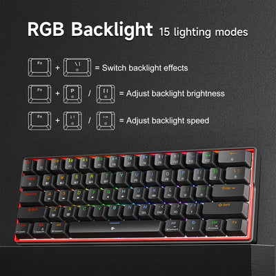 KEMOVE K61SE 60% mechanische Gaming-Tastatur mit linearen roten Schaltern, Anti-Ghosting LED-Hintergrundbeleuchtung Typ-C Datenkabel Ultrakompakte 61 Tasten Mini-Tastatur (Schwarze)