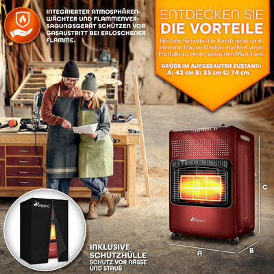 TRESKO 4200 Watt Gasheizung inkl. Gasdruckregler Gasschlauch + Abdeckung | Gasheizer Gasofen Gasheizofen mit 3 Stufen | Infrarot Gasheizgerät, Strahlend (Rot)