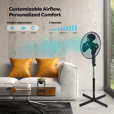 TRESKO AERSON Standventilator 40cm | Ventilator höhenverstellbar bis 120cm | hoher Luftdurchsatz und sehr leise | Windmaschine mit 3 Geschwindigkeitsstufen | Oszillationsfunktion ca. 80° (Schwarz)