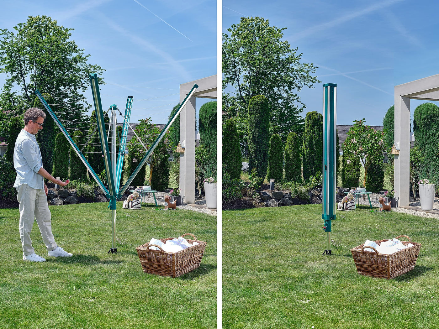 Leifheit Wäschespinne Linomatic 500 Deluxe Cover mit Leineneinzug für saubere Wäsche, Wäscheschirm für die ganze Familie, Wäscheständer inkl. Bodenhülse und Schutzhülle, 50m Leine für 5 Wäscheladungen