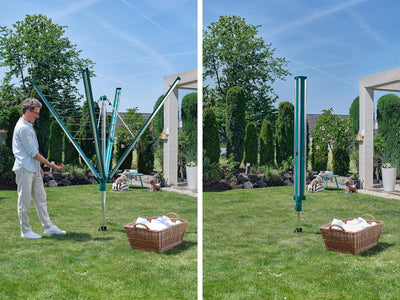 Leifheit Wäschespinne Linomatic 500 Deluxe Cover mit Leineneinzug für saubere Wäsche, Wäscheschirm für die ganze Familie, Wäscheständer inkl. Bodenhülse und Schutzhülle, 50m Leine für 5 Wäscheladungen