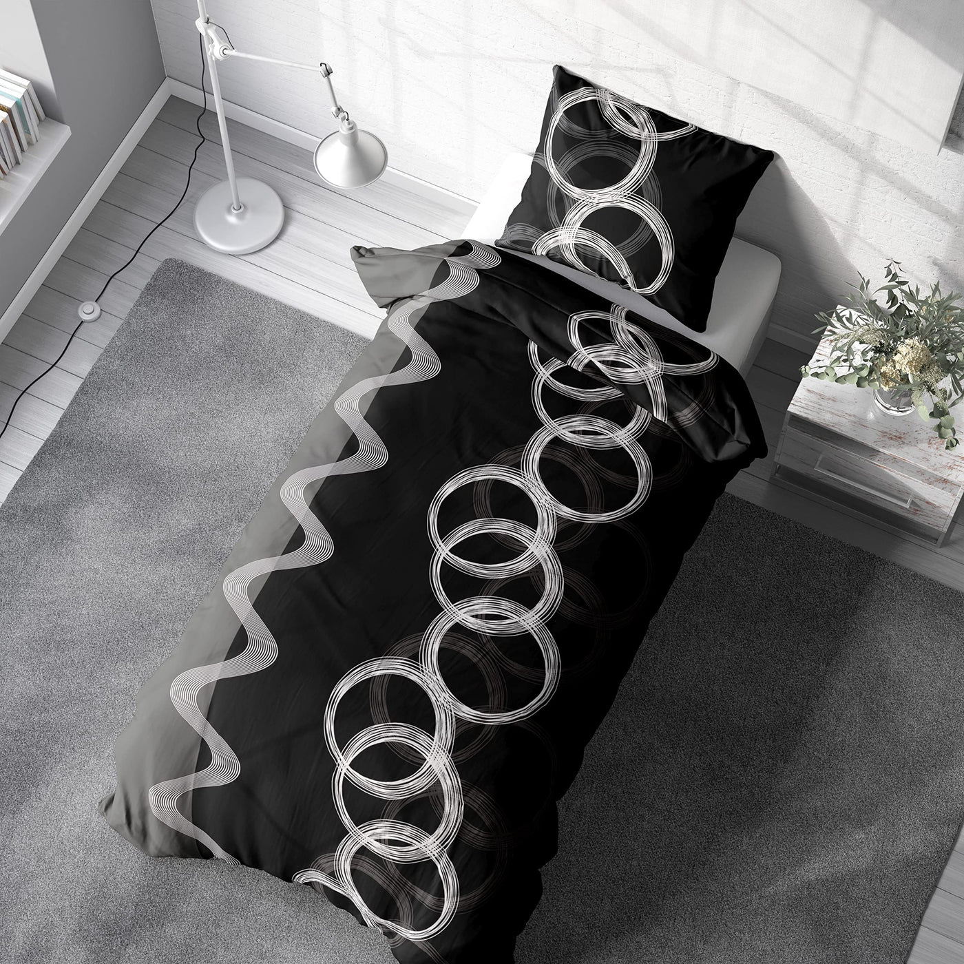 Leonado Vicenti Bettwäsche 135 x 200 cm 80 x 80 cm Mikrofaser 4 TLG Schwarz Weiß Grau Kreise Knitterfrei Pflegeleicht Unisex