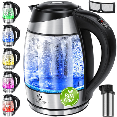 KESSER® Wasserkocher 1,8L Edelstahl mit LED Beleuchtung-Farbe je nach Temperaturwahl 60, 70, 80, 90, 100 °C | Glaswasserkocher ink. Teesieb-Einsatz und Kalk-Filter | Warmhaltefunktion