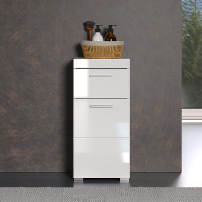 trendteam smart living - Amanda - Kommode - Weiß Hochglanz - Standschrank - (BxHxT) 37 x 79 x 31 cm - Badschrank mit 1 Tür und 1 Schublade - silberfarbene Griffe - universal einsetzbar