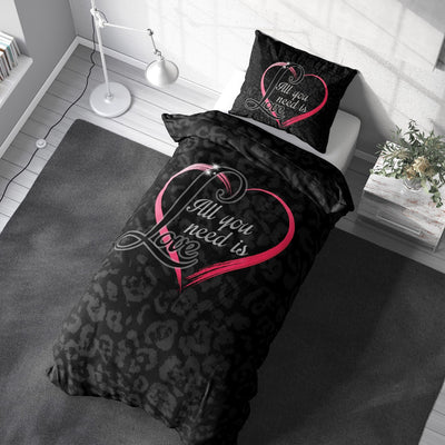 Leonado Vicenti Partner Bettwäsche 135x200 4 teilig Microfaser Schwarz mit Herz in Pink und Love Fotodruck mit Reißverschluss