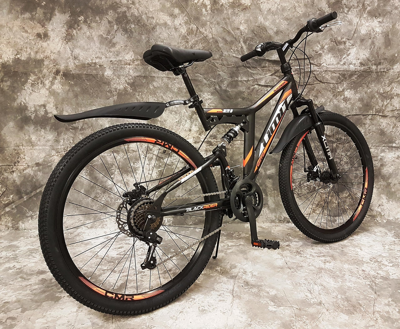 Generisch 26 Zoll MTB Blackrider Vollgefedert 21-Gang Kettenschaltung mit Scheibenbremsen NEU 2638-SCHWARZ-ORANGE Bitte BEACHTEN AB 155 cm KÖPERGRÖSSE GEEIGNET !!!!!!!