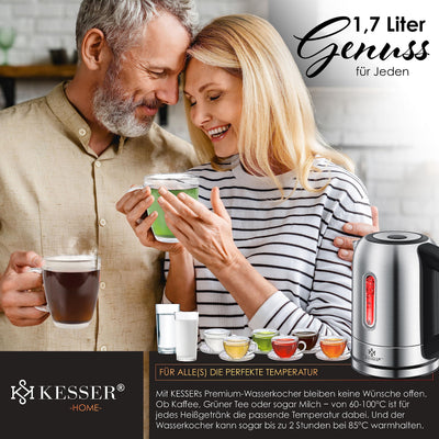 KESSER Wasserkocher 2200W Edelstahl 1,7L mit LED Beleuchtung-Farbe je nach Temperaturwahl 60, 70, 80, 90, 100 °C | Kalk-Filter | 2 Std Warmhaltefunktion