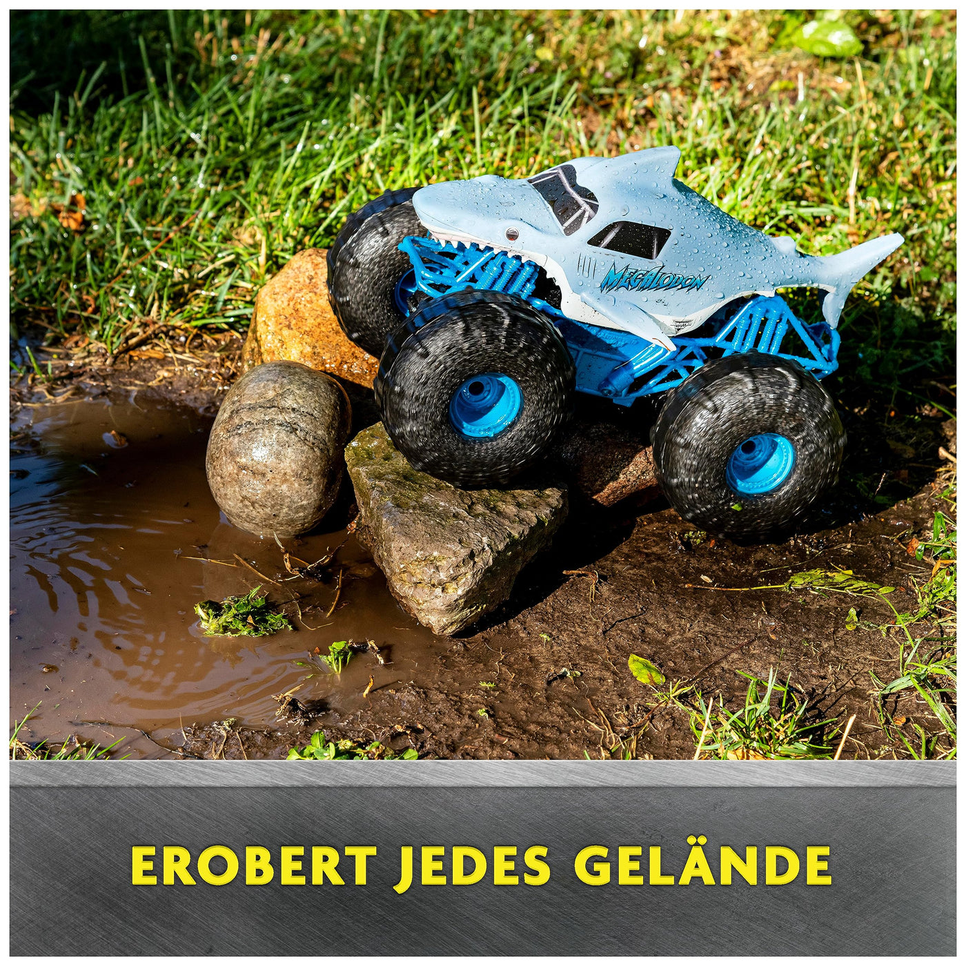 Monster Jam Megalodon Storm, RC Truck, Amphibienfahrzeug in Hai-Optik für Land und Wasser, Maßstab 1:15 - kinderleichte Bedienung, ab 4 Jahren
