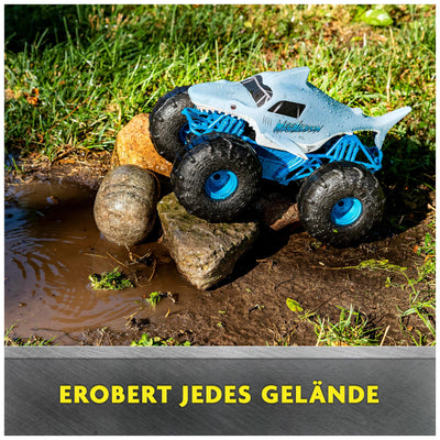 Monster Jam Megalodon Storm, RC Truck, Amphibienfahrzeug in Hai-Optik für Land und Wasser, Maßstab 1:15 - kinderleichte Bedienung, ab 4 Jahren