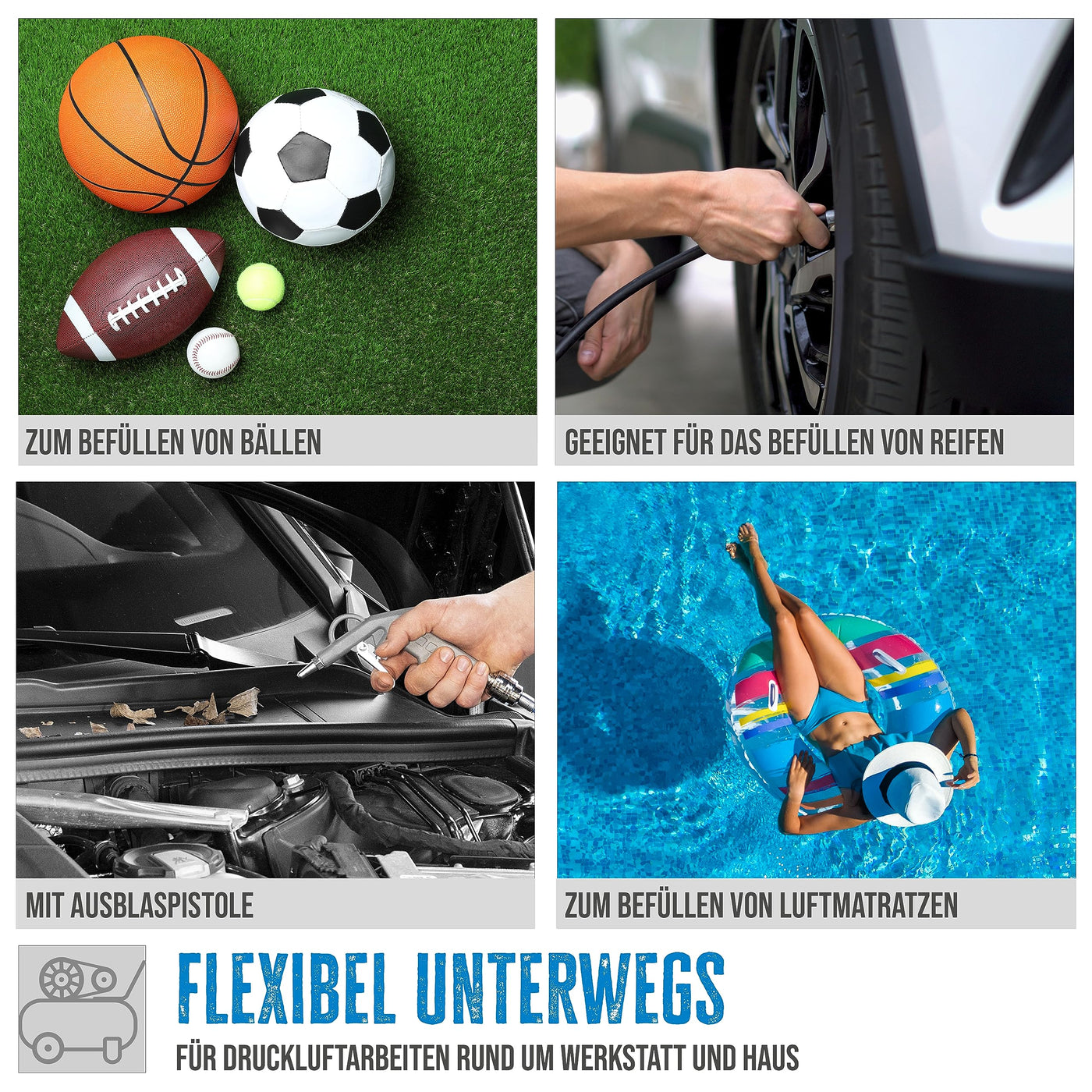 Güde Kompressor Airpower 180/08 (ölfrei & wartungsarm, Riemenantrieb, 8 bar, 1100 W, eff. Liefermenge 140 l/min, 2,5 m Druckluftschlauch mit Schnellkupplung, inkl. Zubehör)