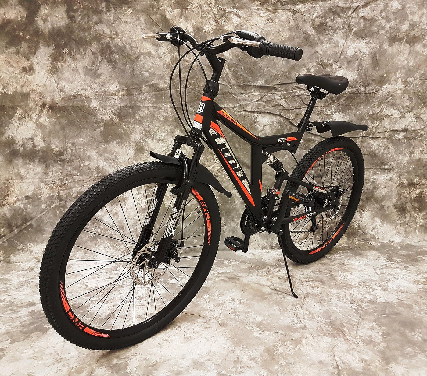 Generisch 26 Zoll MTB Blackrider Vollgefedert 21-Gang Kettenschaltung mit Scheibenbremsen NEU 2638-SCHWARZ-ORANGE Bitte BEACHTEN AB 155 cm KÖPERGRÖSSE GEEIGNET !!!!!!!