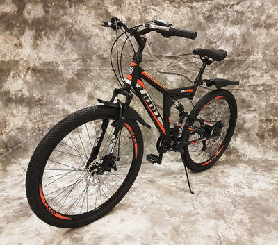 Generisch 26 Zoll MTB Blackrider Vollgefedert 21-Gang Kettenschaltung mit Scheibenbremsen NEU 2638-SCHWARZ-ORANGE Bitte BEACHTEN AB 155 cm KÖPERGRÖSSE GEEIGNET !!!!!!!