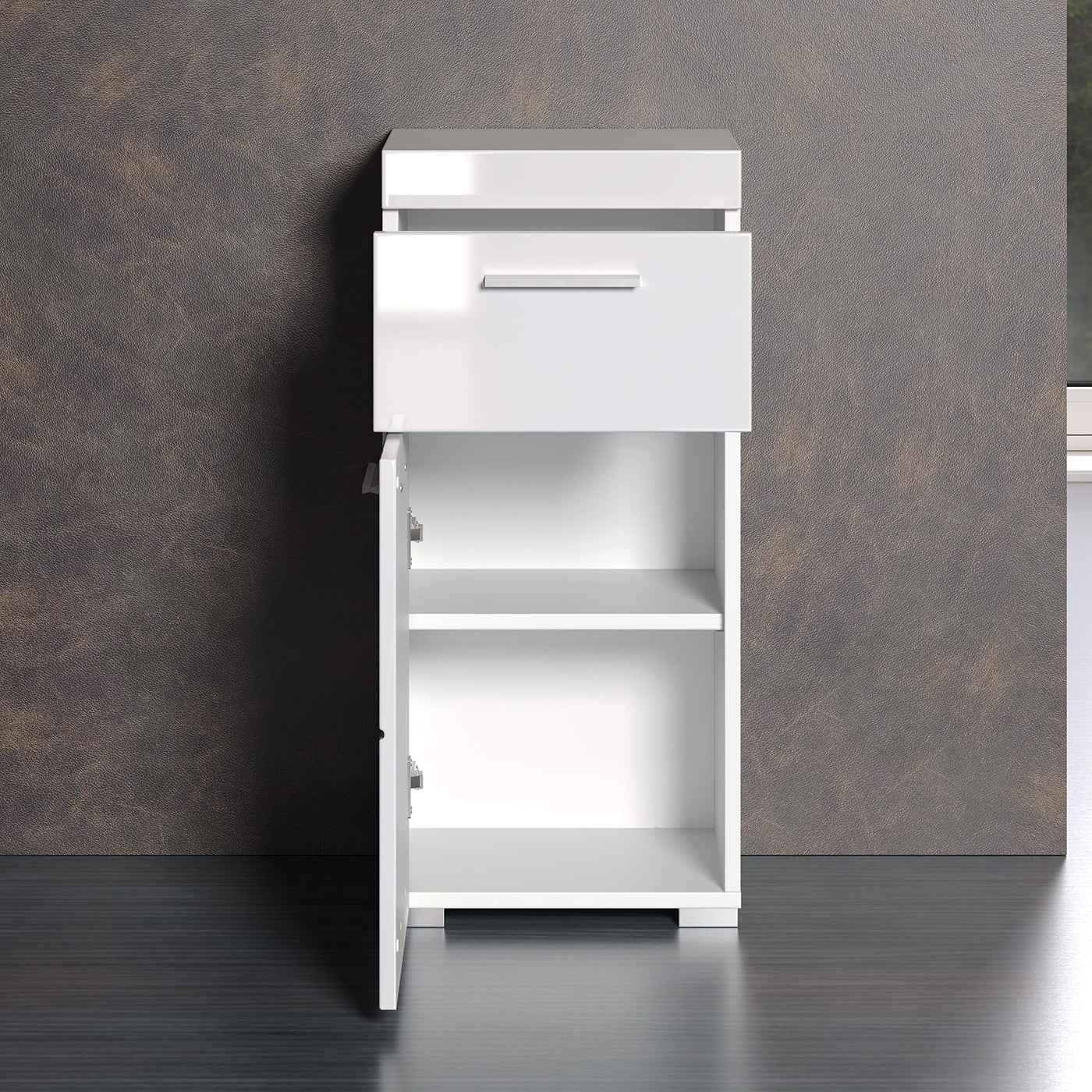 trendteam smart living - Amanda - Kommode - Weiß Hochglanz - Standschrank - (BxHxT) 37 x 79 x 31 cm - Badschrank mit 1 Tür und 1 Schublade - silberfarbene Griffe - universal einsetzbar