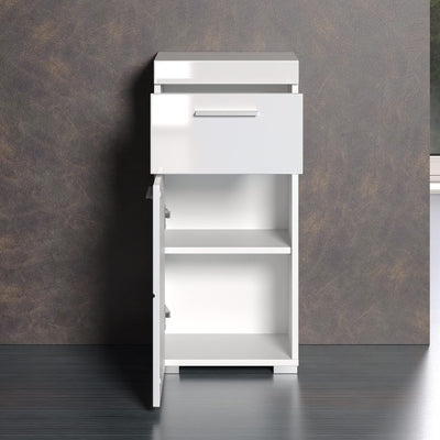 trendteam smart living - Amanda - Kommode - Weiß Hochglanz - Standschrank - (BxHxT) 37 x 79 x 31 cm - Badschrank mit 1 Tür und 1 Schublade - silberfarbene Griffe - universal einsetzbar