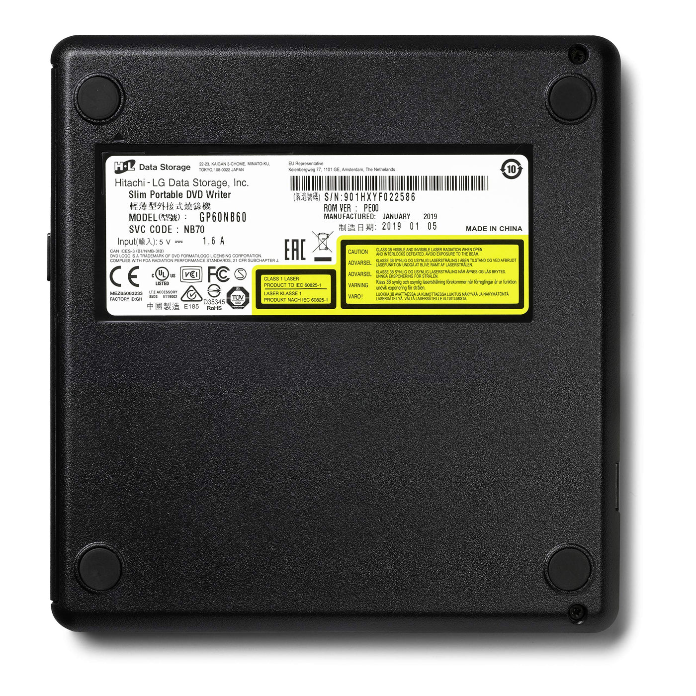 Hitachi-LG GP60 External DVD Drive, Slim Portable DVD Burner/Writer/Player for Laptop, Windows and Mac OS Compatible, USB 2.0, 8x Read/Write Speed - Black