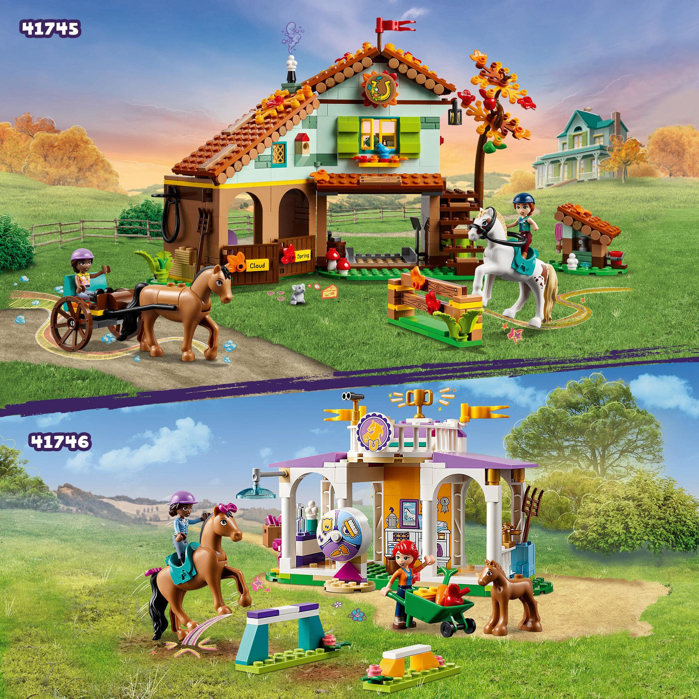 LEGO 41746 Friends Reitschule Set mit 2 Spielzeug-Pferden, Aliya und Mia Mini-Puppen, Reitstall- und Pferdespielzeug, Tierpflege-Geschenk für Kinder, Mädchen und Jungen ab 4 Jahre
