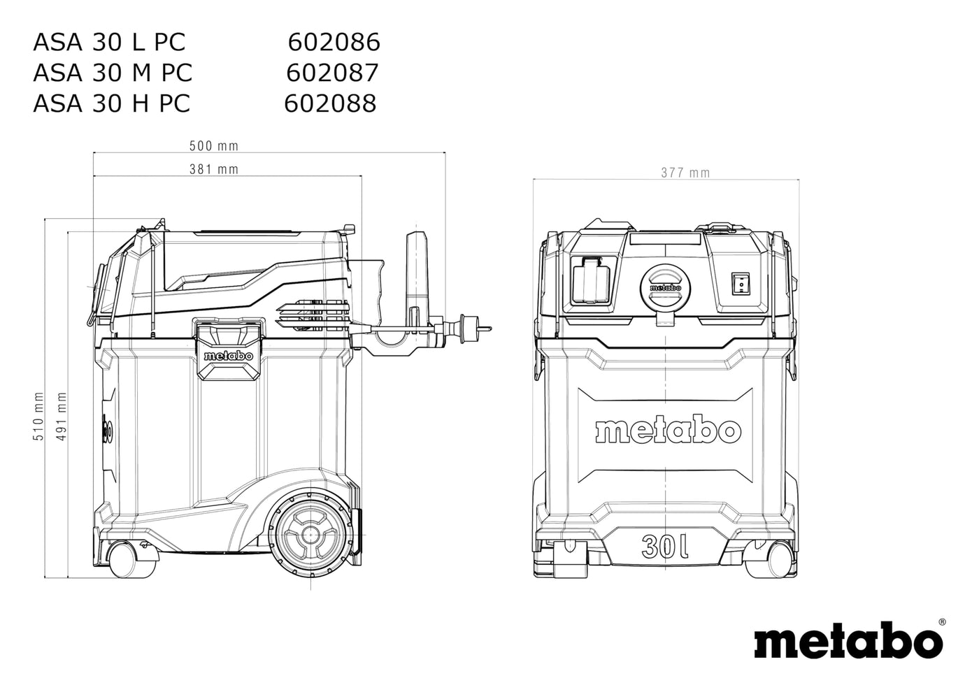 Metabo ASA 30 M PC Allessauger – 602087000 – Nass-/Trockensauger mit integrierter Filterabreinigung – 8 m Kabellänge
