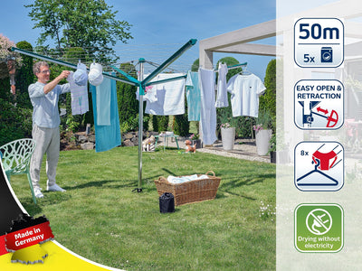 Leifheit Wäschespinne Linomatic 500 Deluxe Cover mit Leineneinzug für saubere Wäsche, Wäscheschirm für die ganze Familie, Wäscheständer inkl. Bodenhülse und Schutzhülle, 50m Leine für 5 Wäscheladungen