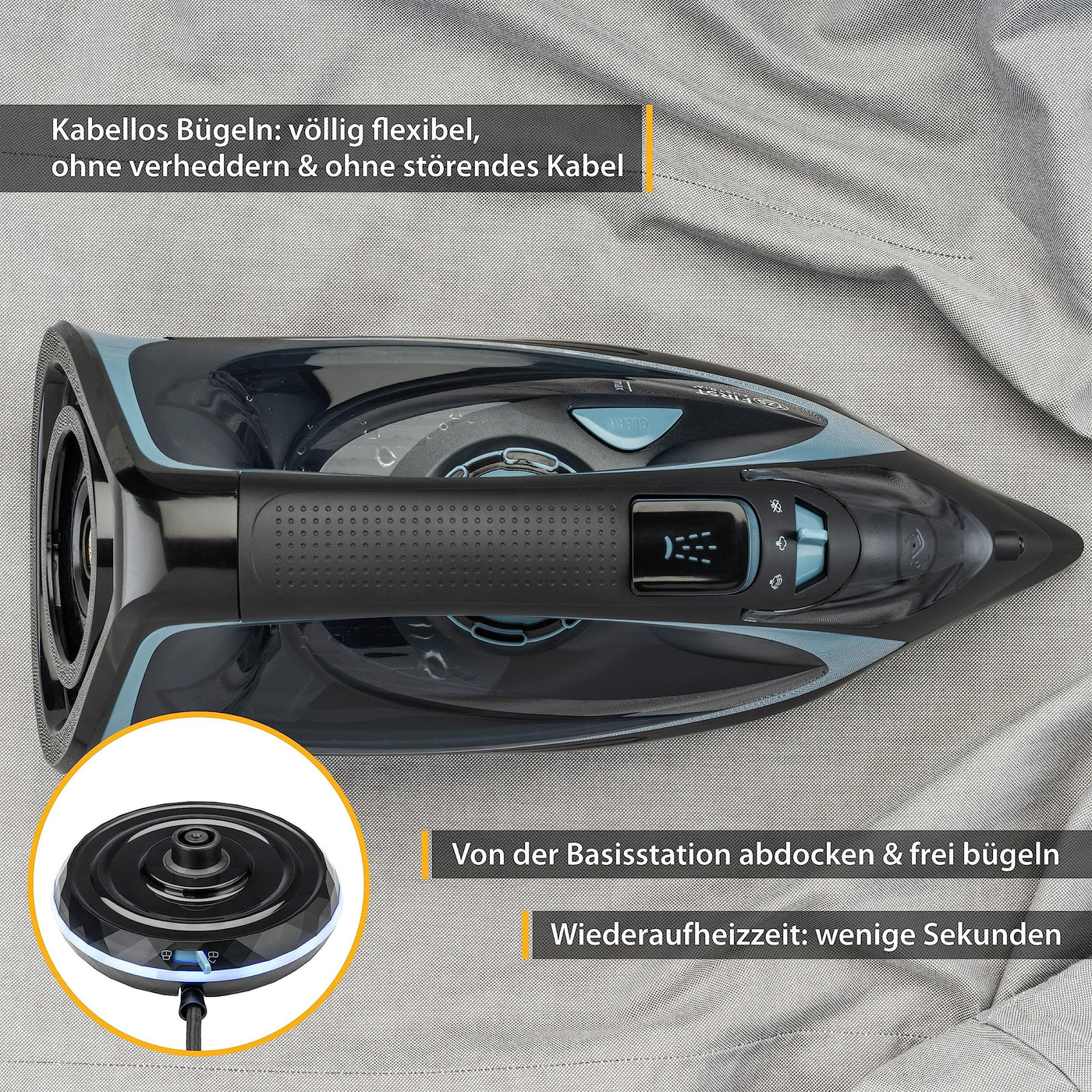TZS First Austria Dampfbügeleisen kabellos mit Basisstation | verstellbare Temperatur & Dampfstärke | Keramik Bügelsohle, Vertikaldampf, Tropfstop, Antikalk, selbstreinigend | 450 ml Wassertank