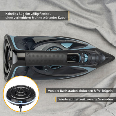 TZS First Austria Dampfbügeleisen kabellos mit Basisstation | verstellbare Temperatur & Dampfstärke | Keramik Bügelsohle, Vertikaldampf, Tropfstop, Antikalk, selbstreinigend | 450 ml Wassertank