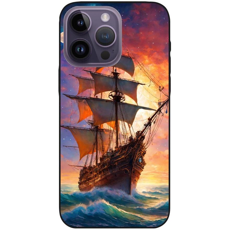 Hülle iPhone 14 Pro Max - Silikonhülle schwarz mit Motiv 43 Segelschiff - personalisierbar