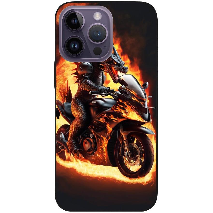 Hülle iPhone 14 Pro Max - Silikonhülle schwarz mit Motiv 24 Drache auf Motorrad - personalisierbar