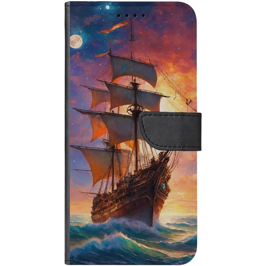iPhone 14 Plus Handyhülle aus Kunstleder mit Lasche Motiv 43 Segelschiff - personalisierbar