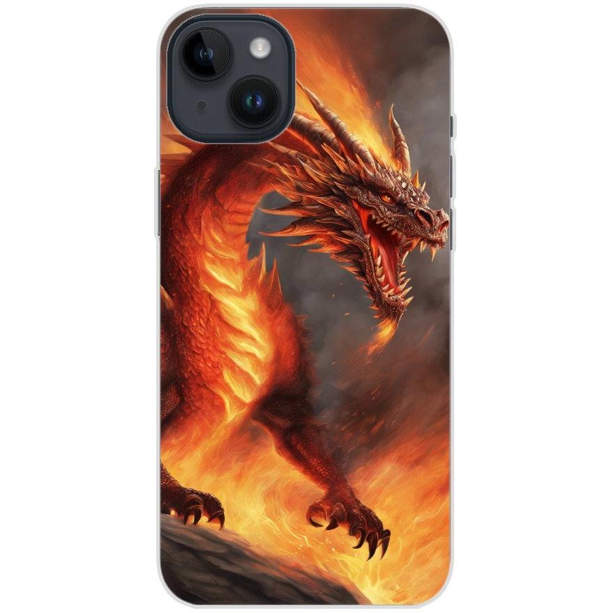 Handyhülle iPhone 14 Plus aus transparentem Silikon mit Motiv 5 Drache in Flammen - personalisierbar