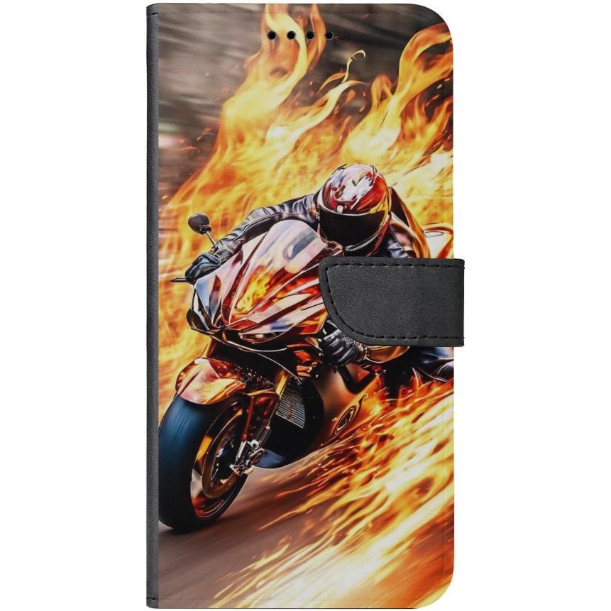 iPhone 13 Handyhülle aus Kunstleder mit Lasche Motiv 14 Motorradfahrer in Flammen - personalisierbar