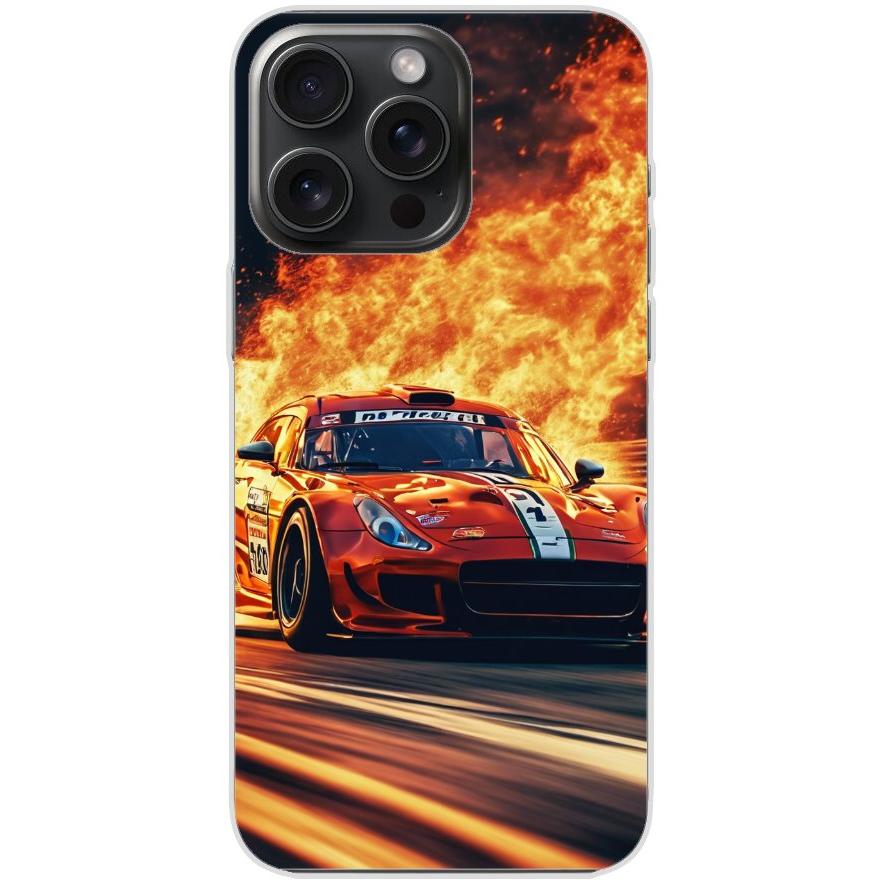 Handyhülle iPhone 15 Pro Max aus transparentem Silikon mit Motiv 28 roter Sportwagen in Flammen - personalisierbar