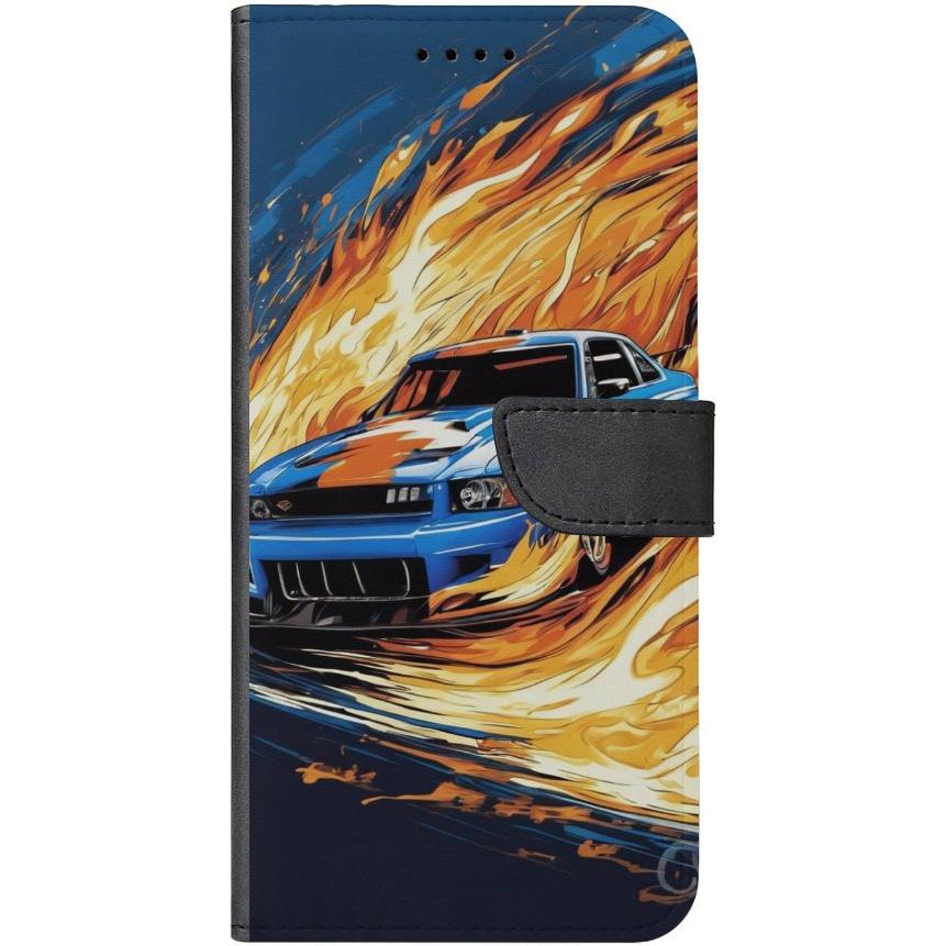 iPhone 15 Pro Max Handyhülle aus Kunstleder mit Lasche Motiv 15 blaues Auto in Flammen - personalisierbar