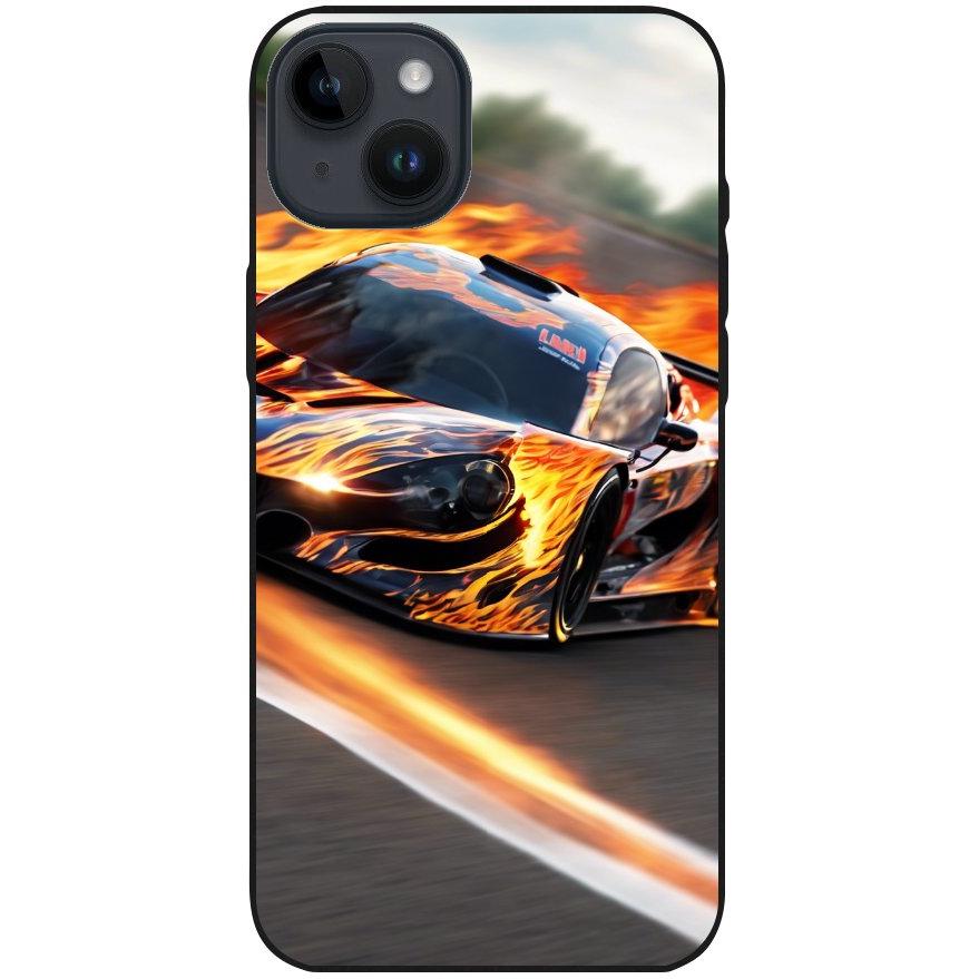 Hülle iPhone 14 Plus - Silikonhülle schwarz mit Motiv 13 Sportwagen in Flammen - personalisierbar