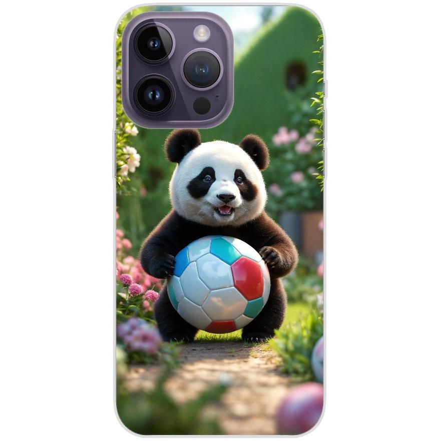 Handyhülle iPhone 14 Pro Max aus transparentem Silikon 49 Panda animiert mit Bällen - personalisierbar