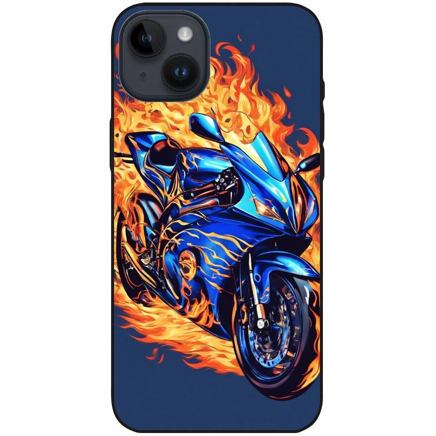 Hülle iPhone 14 Plus - Silikonhülle schwarz mit Motiv 2 Motorrad in Flammen - personalisierbar