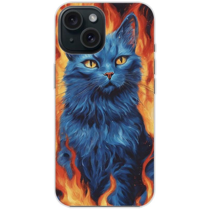 Handyhülle iPhone 15 aus transparentem Silikon mit Motiv 7 blaue Katze in Flammen - personalisierbar