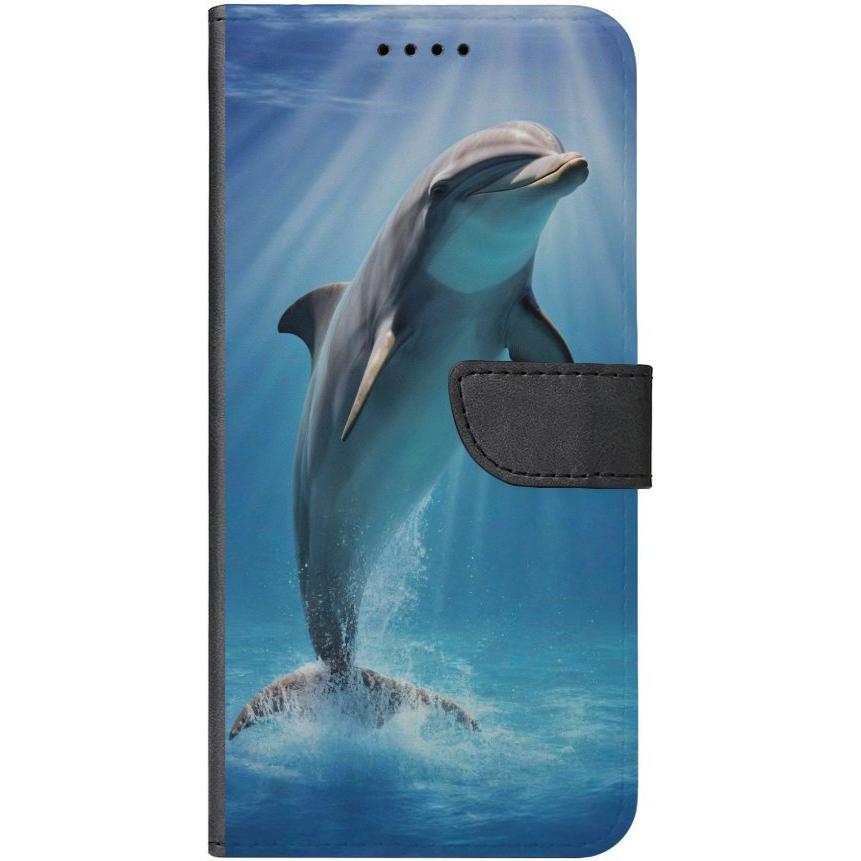iPhone 15 Plus Handyhülle aus Kunstleder mit Lasche Motiv 39 einzelner Delfin - personalisierbar