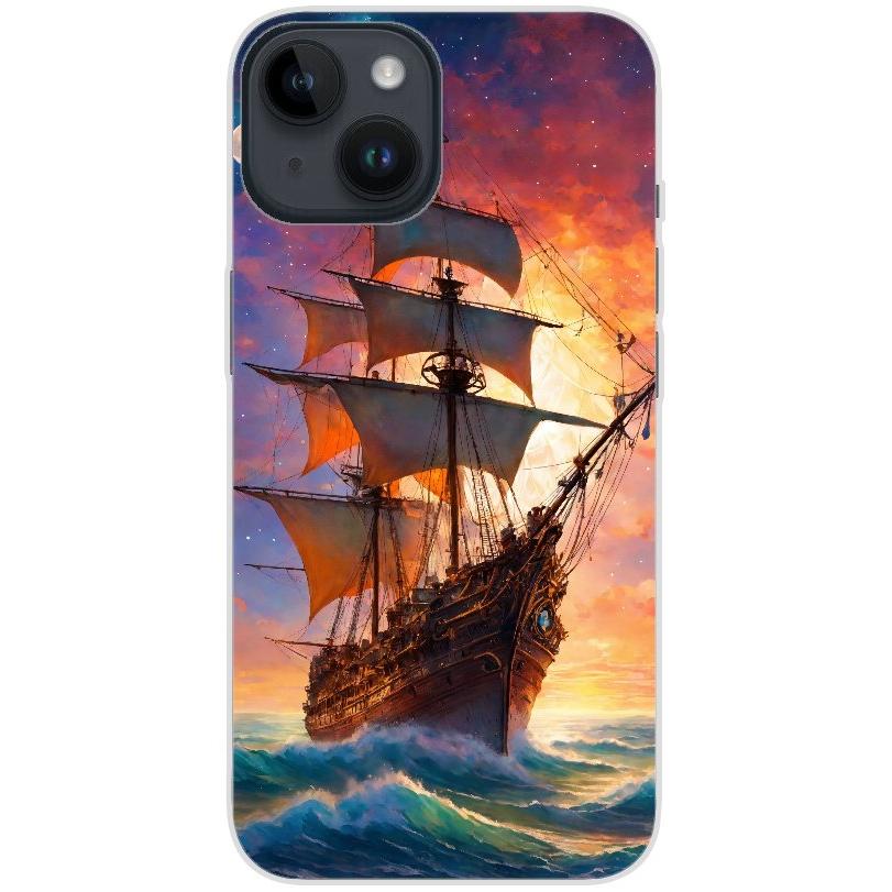 Handyhülle iPhone 14 aus transparentem Silikon mit Motiv 43 Segelschiff - personalisierbar