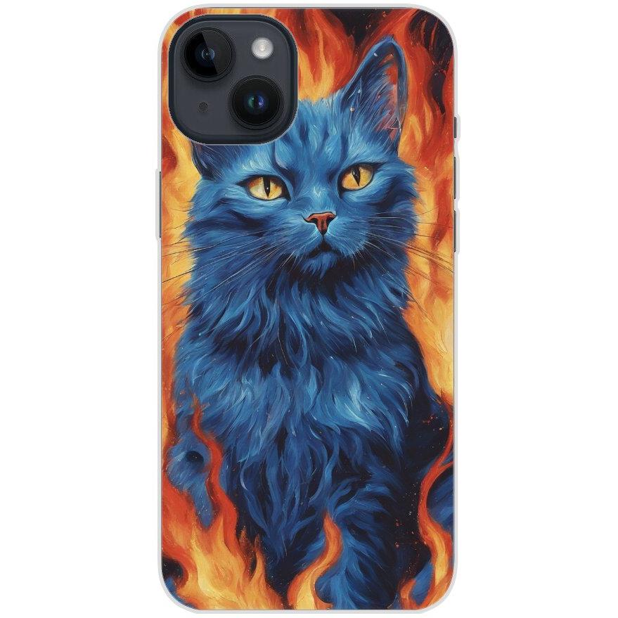 Handyhülle iPhone 14 Plus aus transparentem Silikon mit Motiv 7 blaue Katze in Flammen - personalisierbar