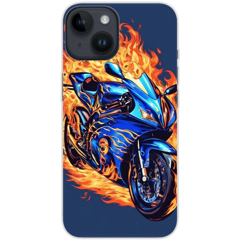 Handyhülle iPhone 14 aus transparentem Silikon mit Motiv 2 Motorrad in Flammen - personalisierbar
