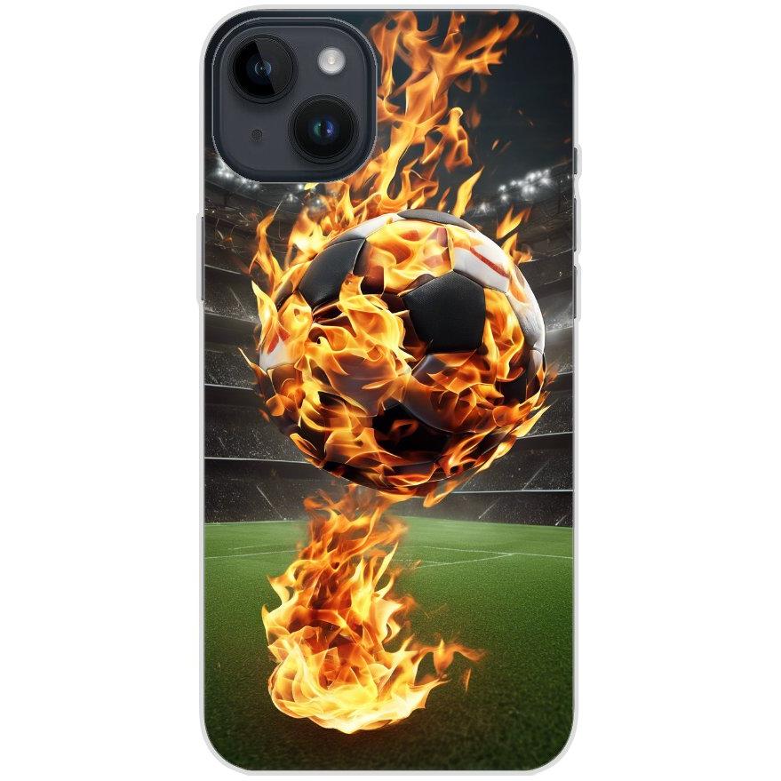 Handyhülle iPhone 14 Plus aus transparentem Silikon mit Motiv 38 Fußball in Flammen - personalisierbar