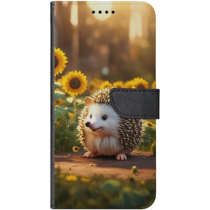 iPhone 13 Handyhülle aus Kunstleder mit Lasche Motiv 20 süßer Igel Sonnenblumen - personalisierbar