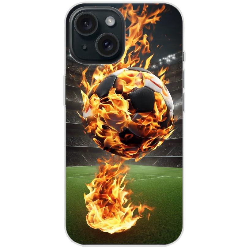 Handyhülle iPhone 15 aus transparentem Silikon mit Motiv 38 Fußball in Flammen - personalisierbar
