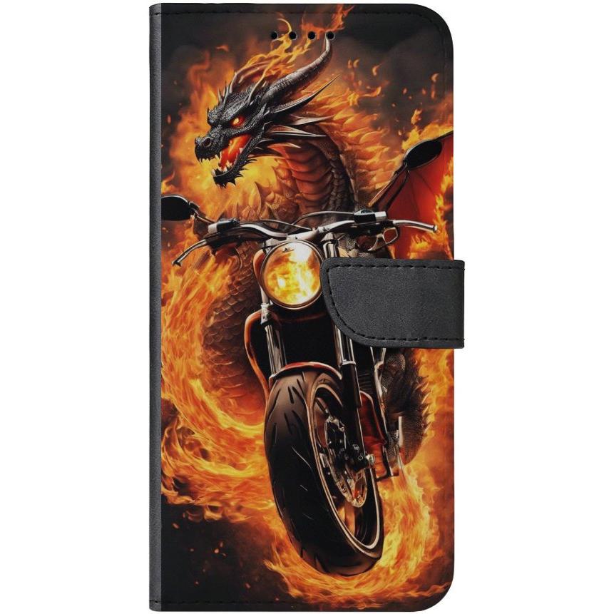 iPhone 15 Pro Handyhülle aus Kunstleder mit Lasche Motiv 33 Feuerdrache auf Motorrad - personalisierbar