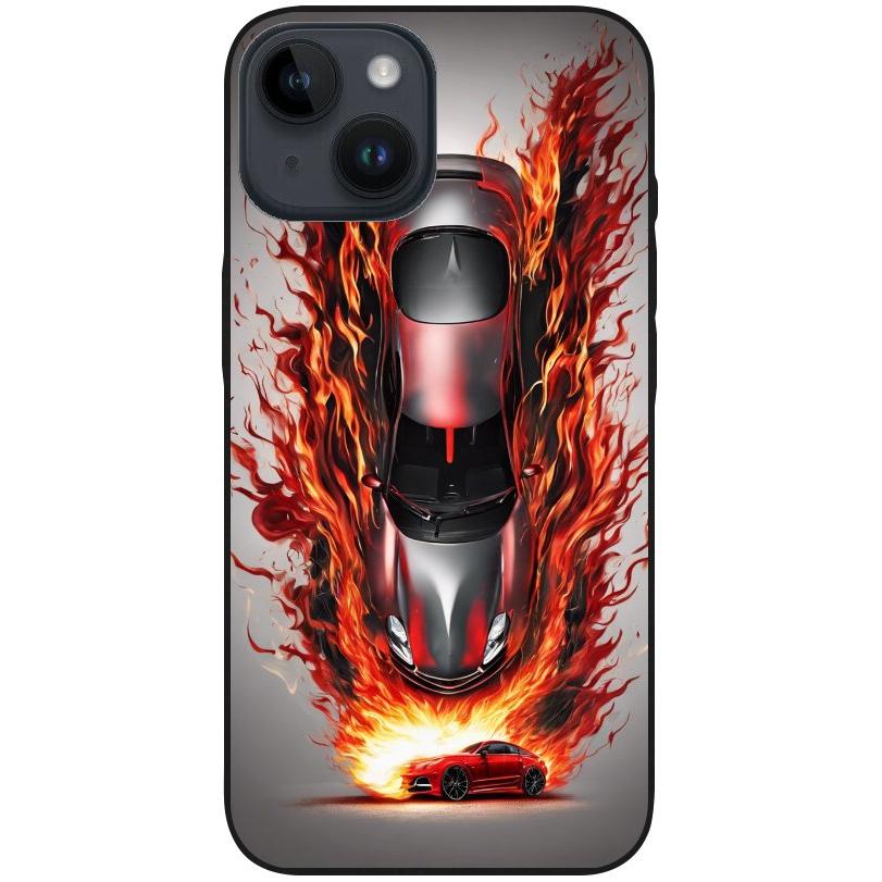 Hülle iPhone 14 - Silikonhülle schwarz mit Motiv 27 Auto animiert in Flammen - personalisierbar