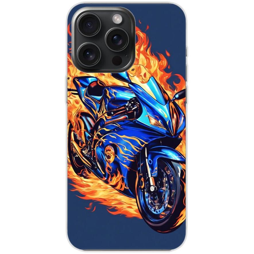 Handyhülle iPhone 15 Pro Max aus transparentem Silikon mit Motiv 2 Motorrad in Flammen - personalisierbar