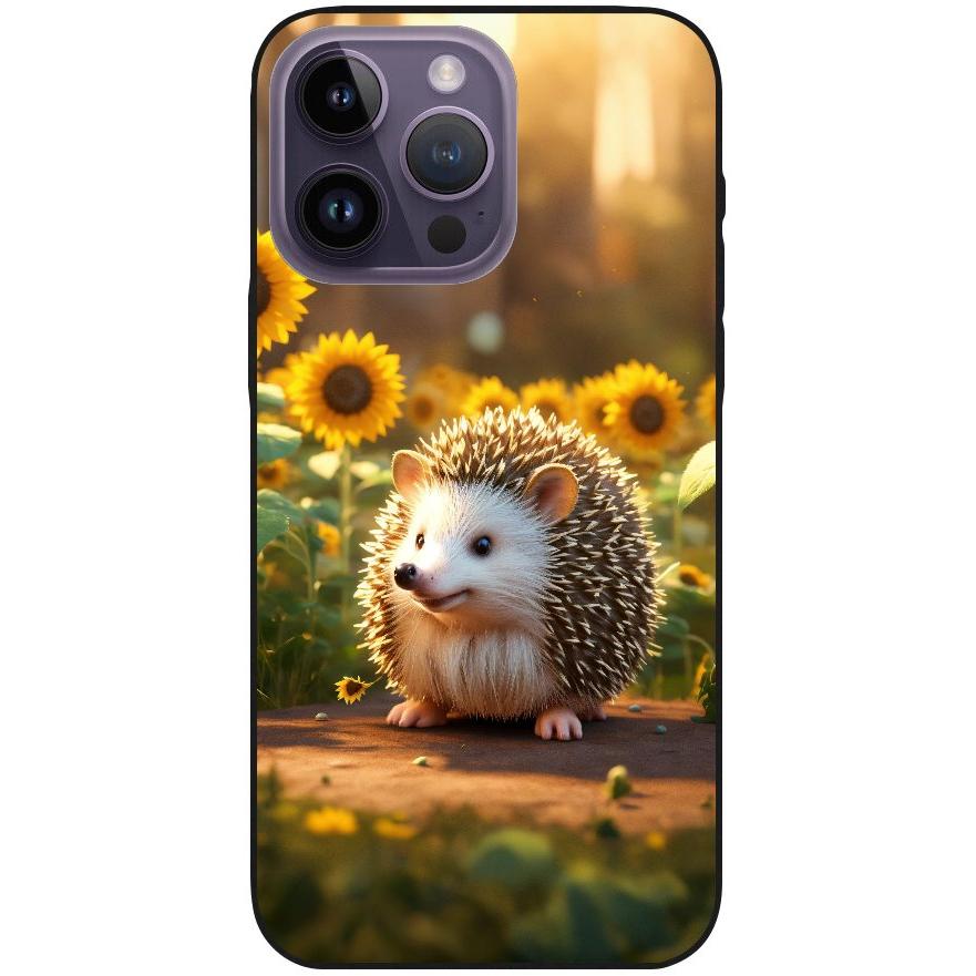 Hülle iPhone 14 Pro Max - Silikonhülle schwarz mit Motiv 20 süßer Igel Sonnenblumen - personalisierbar