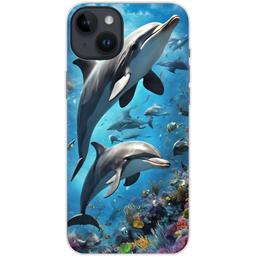 Handyhülle iPhone 14 Plus aus transparentem Silikon mit Motiv 40 Delfine - personalisierbar