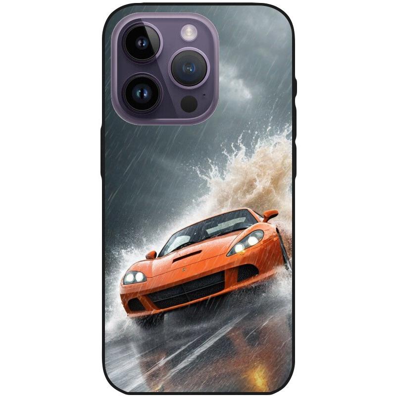 Hülle iPhone 14 Pro - Silikonhülle schwarz mit Motiv 4 oranger Sportwagen - personalisierbar