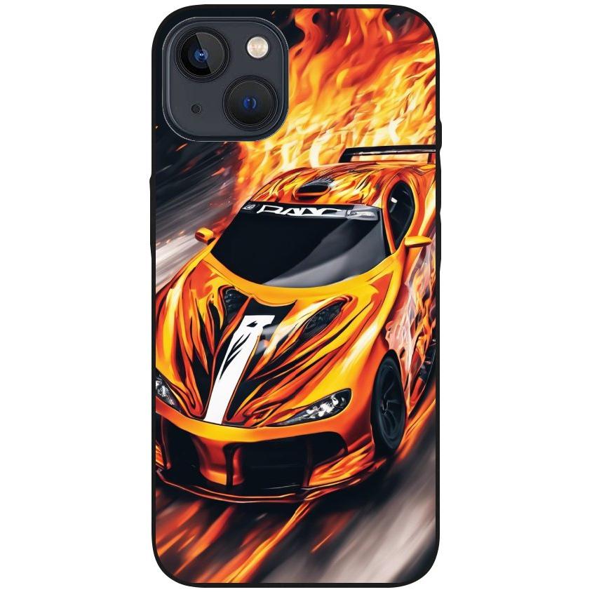 Hülle iPhone 13 - Silikonhülle schwarz mit Motiv 47 Sportwagen in Flammen - personalisierbar