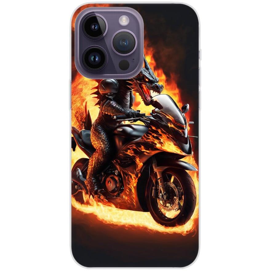 Handyhülle iPhone 14 Pro Max aus transparentem Silikon 24 Drache auf Motorrad - personalisierbar